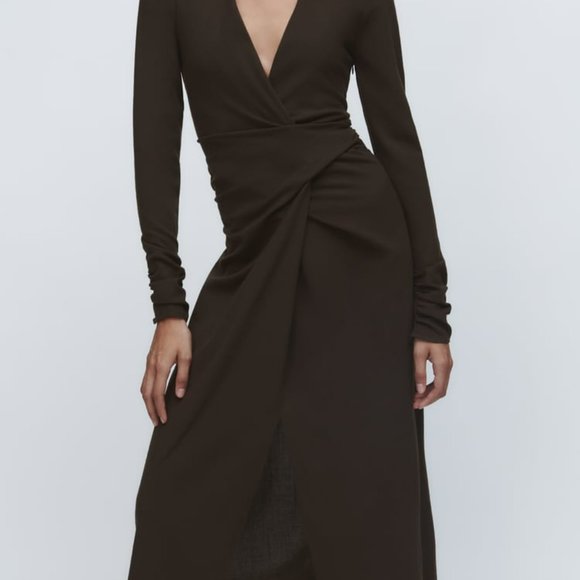 NWT ZARA DRAPED WOOL BLEND DRESS  TOFFEE - REF. 8853/638 XS, S, M - Picture 2 of 6